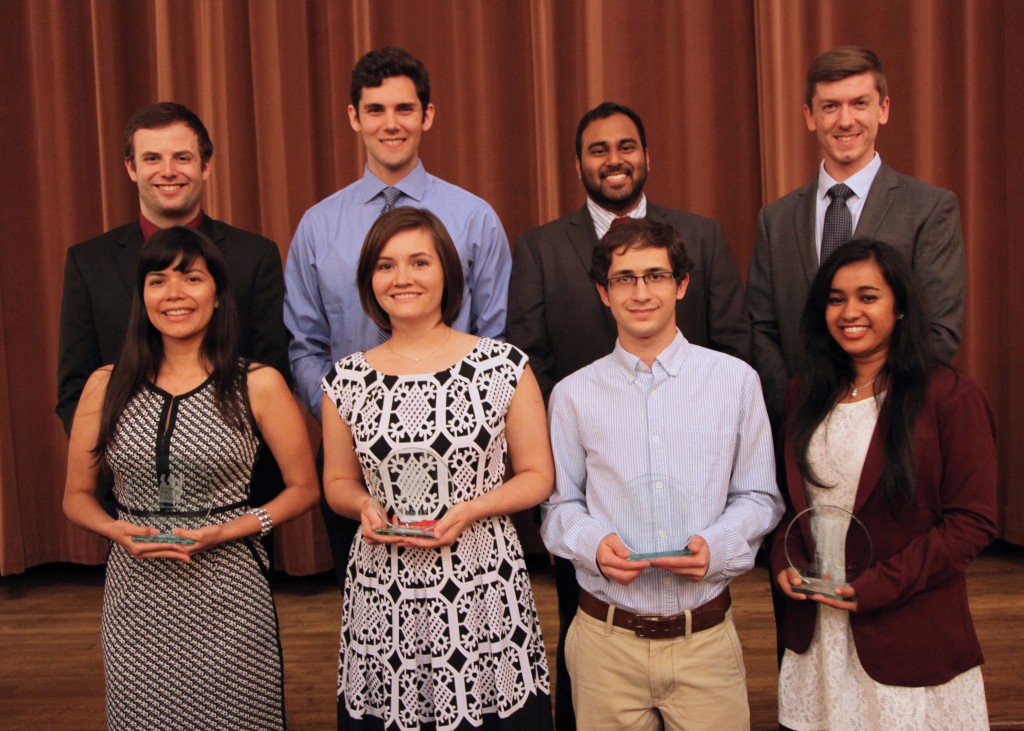The Bagley College of Engineering added eight to its Student Hall of Fame at an April ceremony at Old Waverly Country Club. Pictured from L-R: Front row - Edith Martinez-Guerra, Elizabeth “Liz” Rayfield, Alexander Lalejini and Nandita Gupta. Back row - Matthew Blair, Ryan Weitzel, Sunny Patel and Kyle Johnson.
