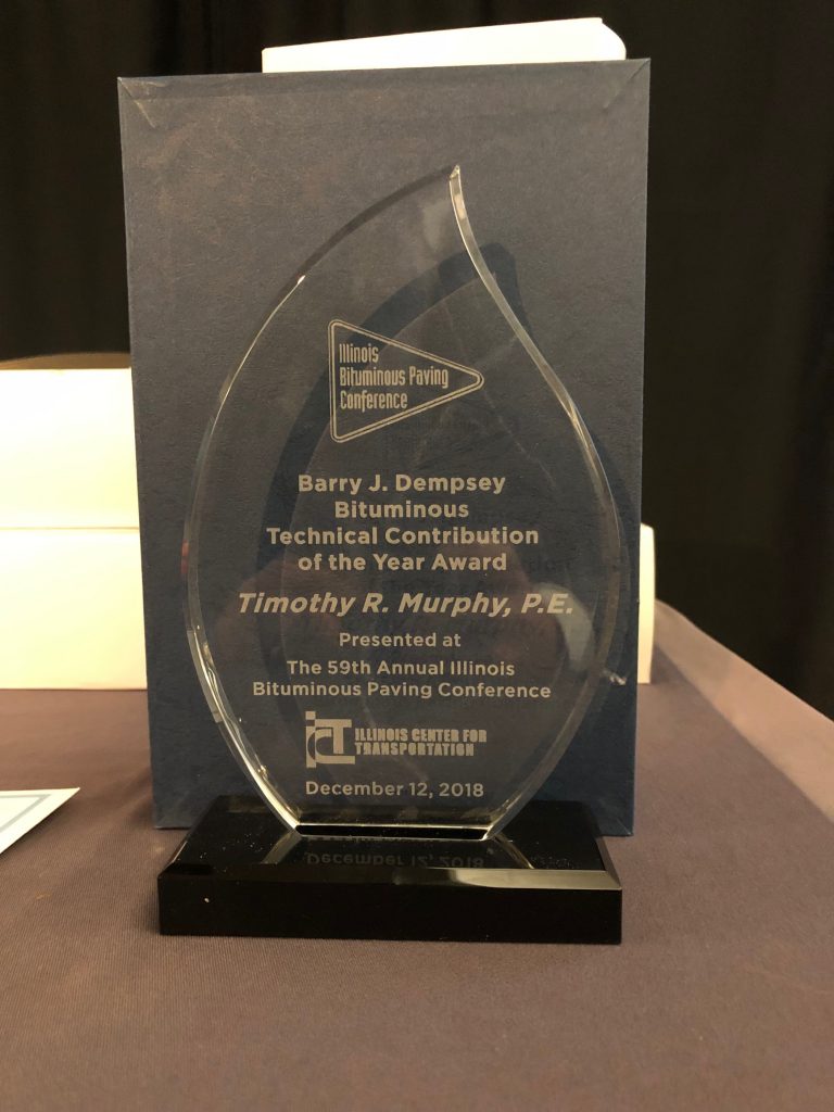 Tim Murphy was recently honored with the Barry Dempsey Bituminous Technical Contribution of the Year award